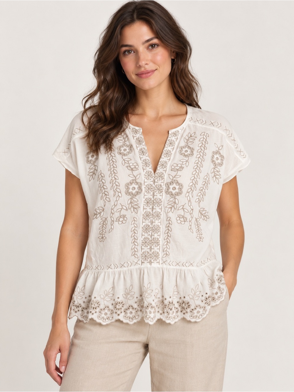 Sundance Cream Embroidered Cotton Peplum Blouse M